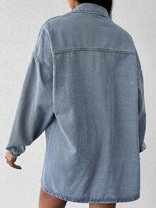 Cottnline Flap Pocket Drop Shoulder Denim Coat - Light Wash - View 2