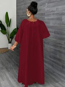 Slaydiva Plus Size Loose Vacation Style Scoop Neck Hollow Out Dress - Burgundy - View 2