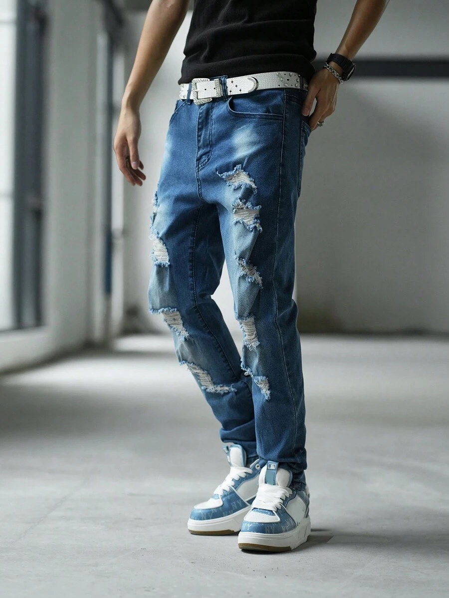 Manfinity EMRG Men Belt Loops Pockets Ripped Holes Design Fashion Jeans - Blue - View 1