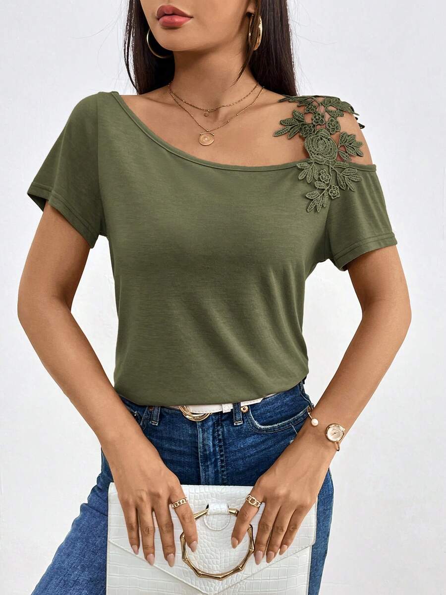 SHEIN Clasi Áo thun nữ tay ngắn cổ bẻ họa tiết ren hoa đơn giản màu trơn sang trọng - xanh quân đội - Xem 1
