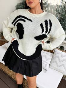 Flirla Plus Size Relaxed Fit Colorblock Smiling Face Knit Sweater