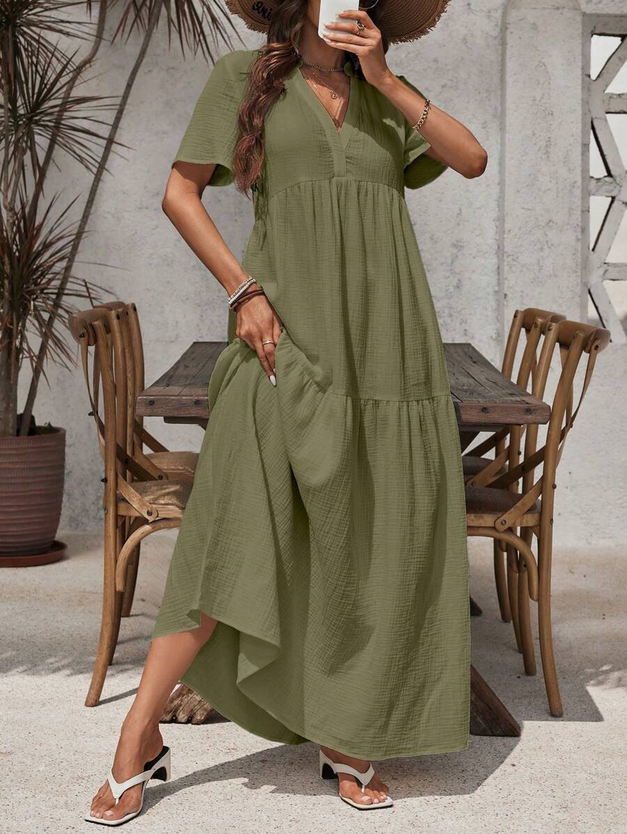 SHEIN LUNE Vestido largo y suelto de mujer, cómodo y transpirable para el ocio y las vacaciones - Verde militar - Ver 1