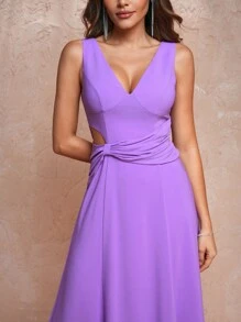 ACUSTOMFIT Designer Women's Solid Color V-Neck Side Waist Hollow Twist Long Elegant Chiffon Dress,Summer Elegant Dress