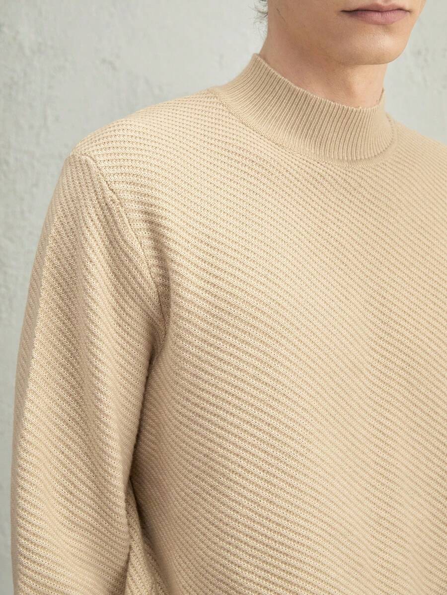 AKNOTIC Business Casual Men's Fitted Faux Cashmere Blend Turtleneck Sweater, Casual Beige Pullover For Fall & Winter - Apricot - View 1