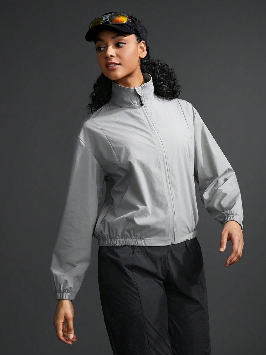 SHEIN Sports Women's Solid Color Minimalist Everyday Stand Collar Long Sleeve Jacket - Grey - View 1