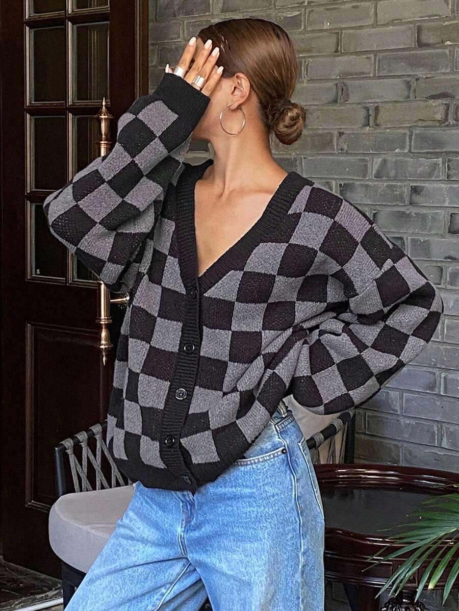DAZY 棋盘格图案休闲开衫女式毛衣,长袖上衣,秋装棋盘格 - 黑色 - 查看 1