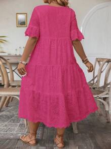 SHEIN Holidaya Vestido casual de talla grande de unicolor con bordado calado - Rosa Fucsia - Ver 2