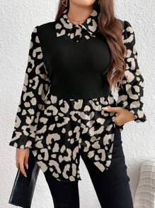 SHEIN LUNE Áo kiểu có cổ 2 trong 1 có cổ in họa tiết da báo xuân hè dành cho nữ Plus Size - Nhiều màu - Xem 1