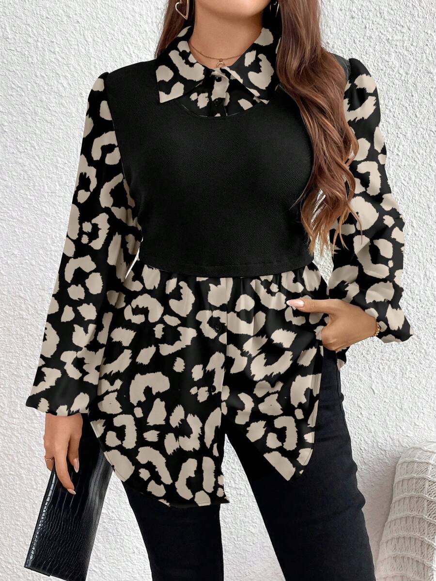 SHEIN LUNE Áo kiểu có cổ 2 trong 1 có cổ in họa tiết da báo xuân hè dành cho nữ Plus Size - Nhiều màu - Xem 1