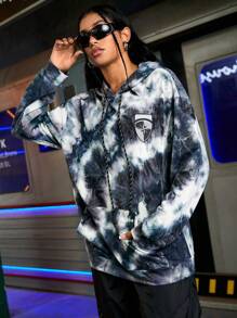 Streetz SHEIN Sport Women's Tie Dye Sweatshirt, Loose Streetwear Casual Long Sleeve Hooded - Black - View 4