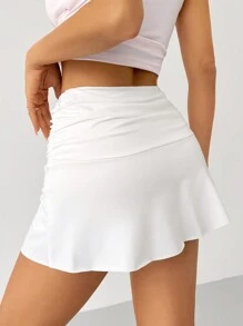 SHEIN PETITE 春假纯色褶皱荷叶边下摆白色裙子 - 白色 - 查看 2