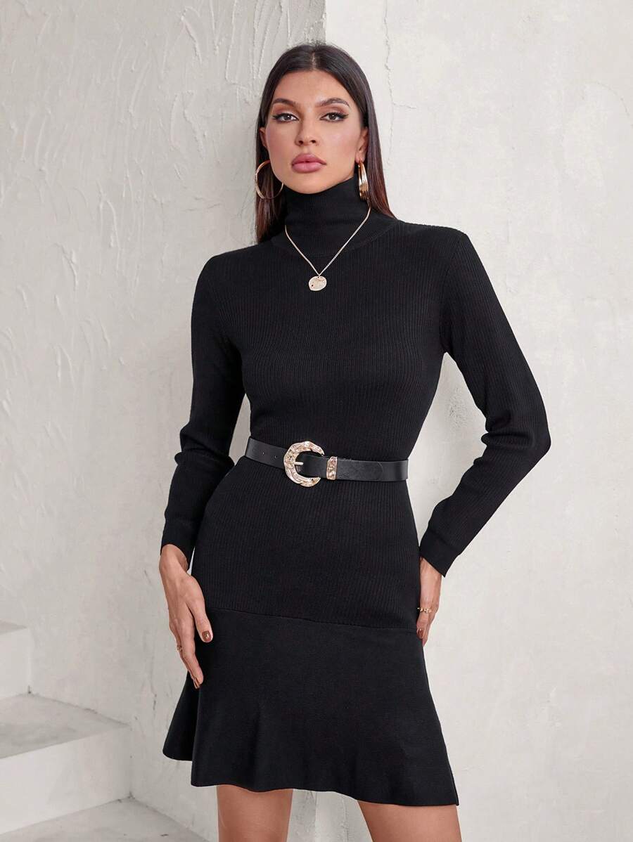 Aveloria Vintage Elegant High Collar Waist-Defined Ruffle Hem Fish Tail Knit Dress For Women Fall Cloth For Women