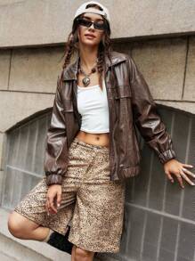 Bohemela Holiday Woven Leopard Pattern Slip Pocket Low Rise Straight Leg Women's Bermuda Shorts - Brown - View 4