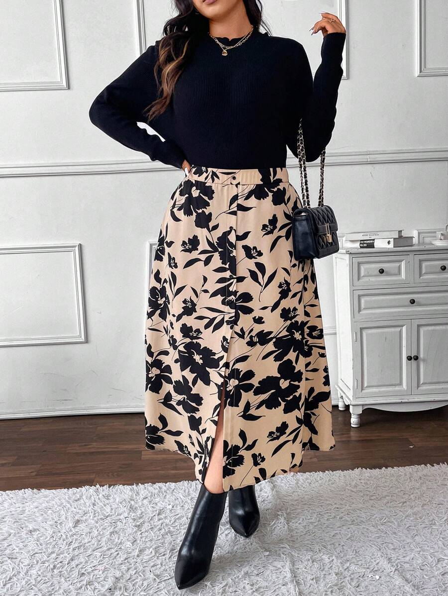 SHEIN Frenchy 大码花卉印花中长开衩裙、秋季半身裙、办公室服装