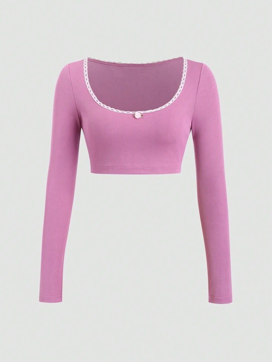 Sweetra Crop Top mit Spitzenkante, Lässig für Frühling und Sommer