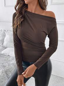 Lavishia Asymmetric Collar Pleated Slim Fit Solid Color Casual T-Shirt, Spring & Fall Winter Clothes