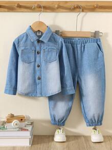 SHEIN 2 Cái/bộ Áo khoác hiệu ứng denim thông thường cho bé gái và bé trai màu xanh ombre và trang phục quần thể thao vừa vặn, thích hợp cho trường học, gia đình và ngoài trời - Màu xanh lam - Xem 4