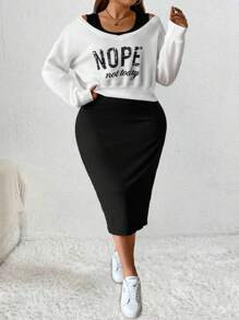 SHEIN CURVE+ 大码女式两件套：长袖印花上衣和纯色无袖连衣裙，日常休闲 - 白色 - 查看 4