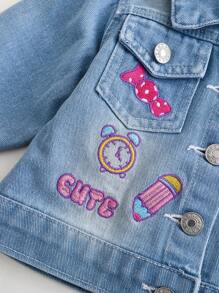 Infant Girls' Casual Cute Cartoon Embroidery Denim Jacket - Light Wash - View 5