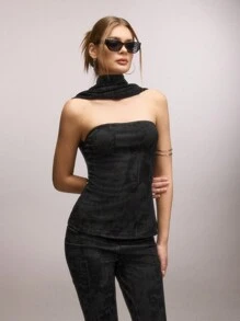 SHEIN SXY 2 件套高弹力图案慕尼黑啤酒节女装，秋冬季 - 黑色 - 查看 5
