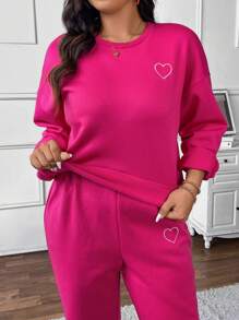 SHEIN Frenchy 2 件/套大码热粉色女士心形印花圆领落肩长袖运动衫和慢跑裤套装，春秋季，返校节 - 玫紅色 - 查看 2