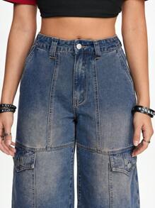 ROMWE Grunge Punk 女式破洞宽松直筒 7/8 牛仔裤 - 中等水洗藍 - 查看 3