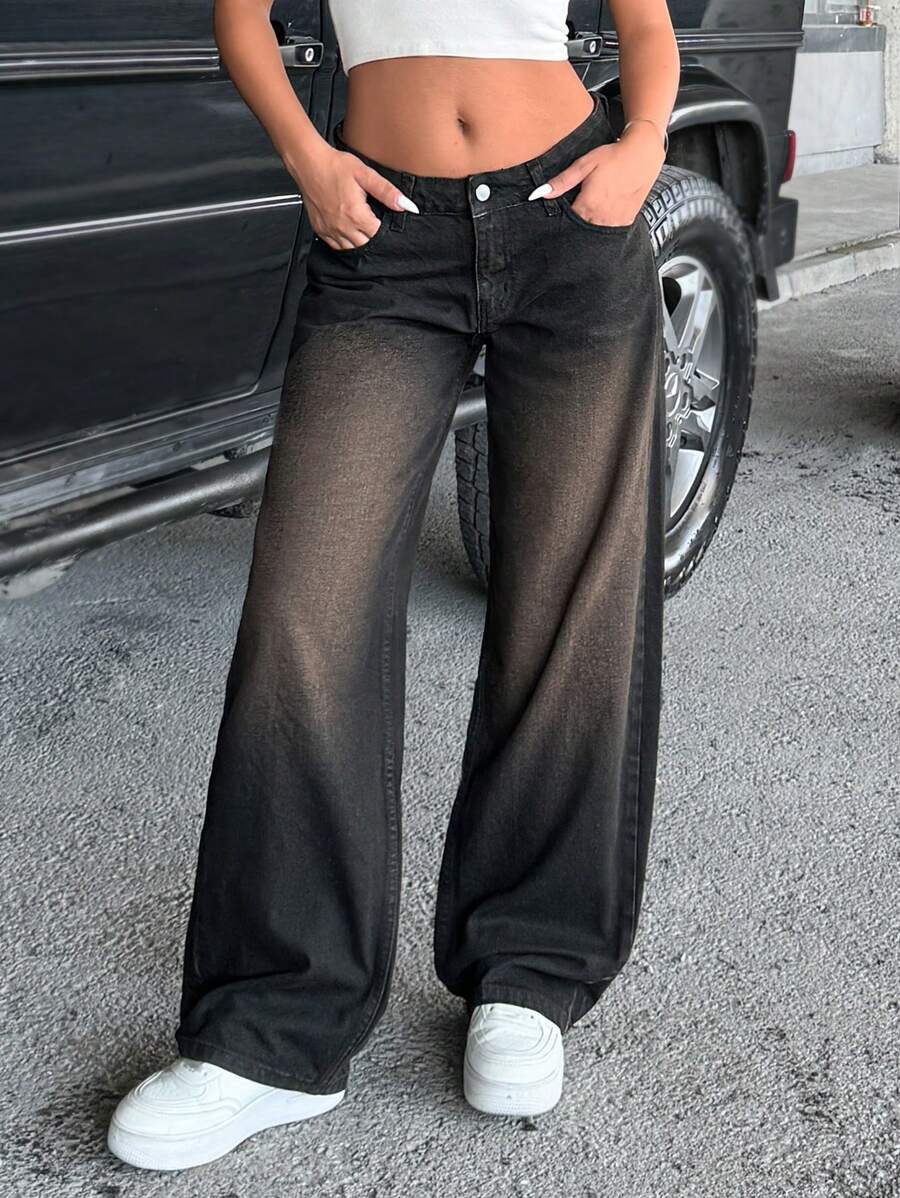 EURMUSE 100% 纯棉宽松低腰阔腿牛仔裤 - 灰色 - 查看 1