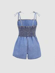 SHEIN Girlism Tween Girls Summer Boho modny śliczny węzeł na ramieniu Ruched biust Cami Baggy Denim kombinezon Romper, dziewczęce letnie wakacje ubrania stroje