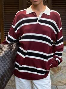 圣诞红条纹高领宽松长袖女式毛衣，秋季女装 - 酒紅色 - 查看 7