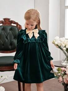 SHEIN Young Girl Knitted Flocking Small Stand Collar Bow Casual Dress, For Christmas - Green - View 3