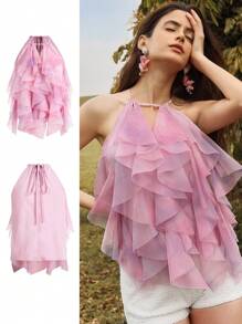 Anewsta Romantic Ruffled Tie Dye Women Tank Top