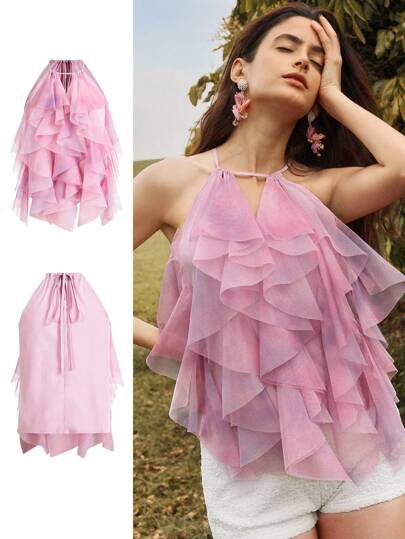 Anewsta Romantic Ruffled Tie Dye Women Tank Top