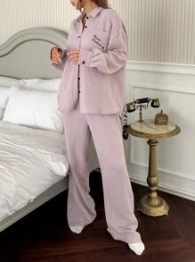 DAZY 字母刺绣纹理纱布前扣长袖上衣和裤子睡衣套装 - 粉色 - 查看 7