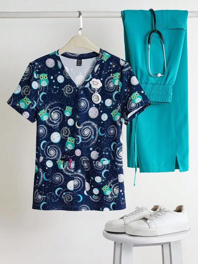 TaskEZ Women's Sweetheart Neckline Matte Scrub Top, Women's Short Sleeve V-Neck Nurse Uniform Top, 2 Pocket Tee Printed Soft Stretch Matte Scrub Top