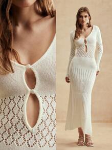 Anewsta Holiday Leisure Solid Color Hollow Out Knitted Fish Tail Long Cover Up Dress For Summer Beach Vacation