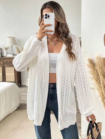 SHEIN VCAY Solid Color Loose Fit Long Sleeve Cardigan For Women