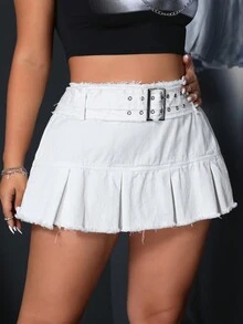 SHEIN ICON Minifalda casual plisada con franja de cintura y parches para mujer talla grande - Blanco - Ver 6
