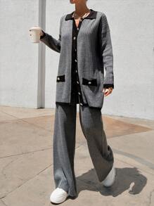 EURMUSE Woman Cardigan Set Elegant Button And Pockets Detailed Comfy Warm Sweater Pants Co-Ords - Dark Grey - View 1