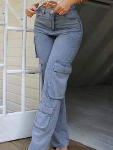 Calça jeans feminina estilo Y2K com vários bolsos e perna reta, estilo cargo, estilo streetwear - Lavagem leve - Ver 3