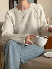 DAZY 女式圆领纯色长袖毛衣秋季 - 白色 - 查看 6