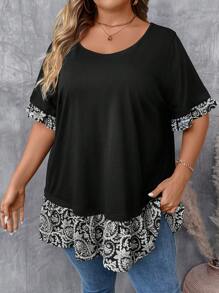 SHEIN CURVE+ Camiseta casual de manga corta con cuello redondo, talla grande para mujer con estampado floral de verano y remiendos
