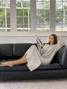 DAZY Knit Ribbed Casual Brushed Loungewear Dress, Pajama, Cozy Outfit, Fall & Winter, Moo Moo Night Dress - Grey - View 4