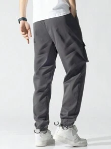 Manfinity Hypemode Men's Loose All-Match Letter Patched Detail Flap Pocket Drawstring Waist Cargo Pants - Dark Grey - View 2