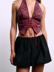 SHEIN Unity Burgundy Lace Up PU Leather Halter Top - Burgundy - View 4