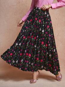 Miriam Omar Falda elegante plisada con estampado floral bohemio y de diseñador, para vacaciones, fiestas, vacaciones, Año Nuevo, San Valentín, primavera, festivales - Negro - Ver 5