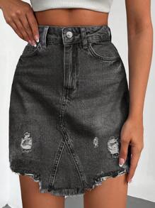 EURMUSE Ripped Raw Hem Denim Skirt - Grey - View 1
