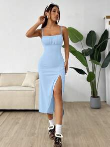 Leopard Print Midi Dress With Side Slit And Straps - Blue - View 6
