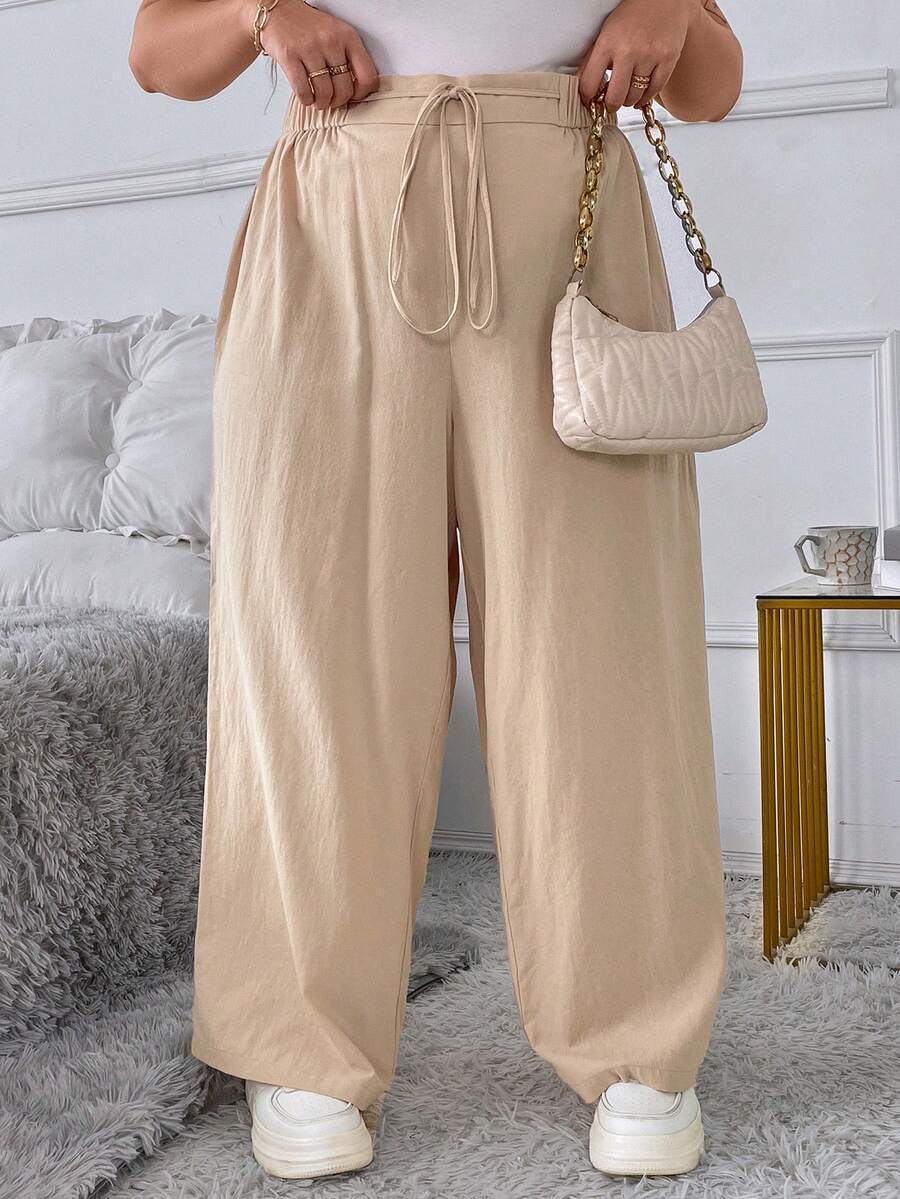 SHEIN CURVE+ Curve Plus Size Linen Pants,Vacation Solid Color Casual Trousers With Elastic Waist And Diagonal Pockets - Apricot - View 1
