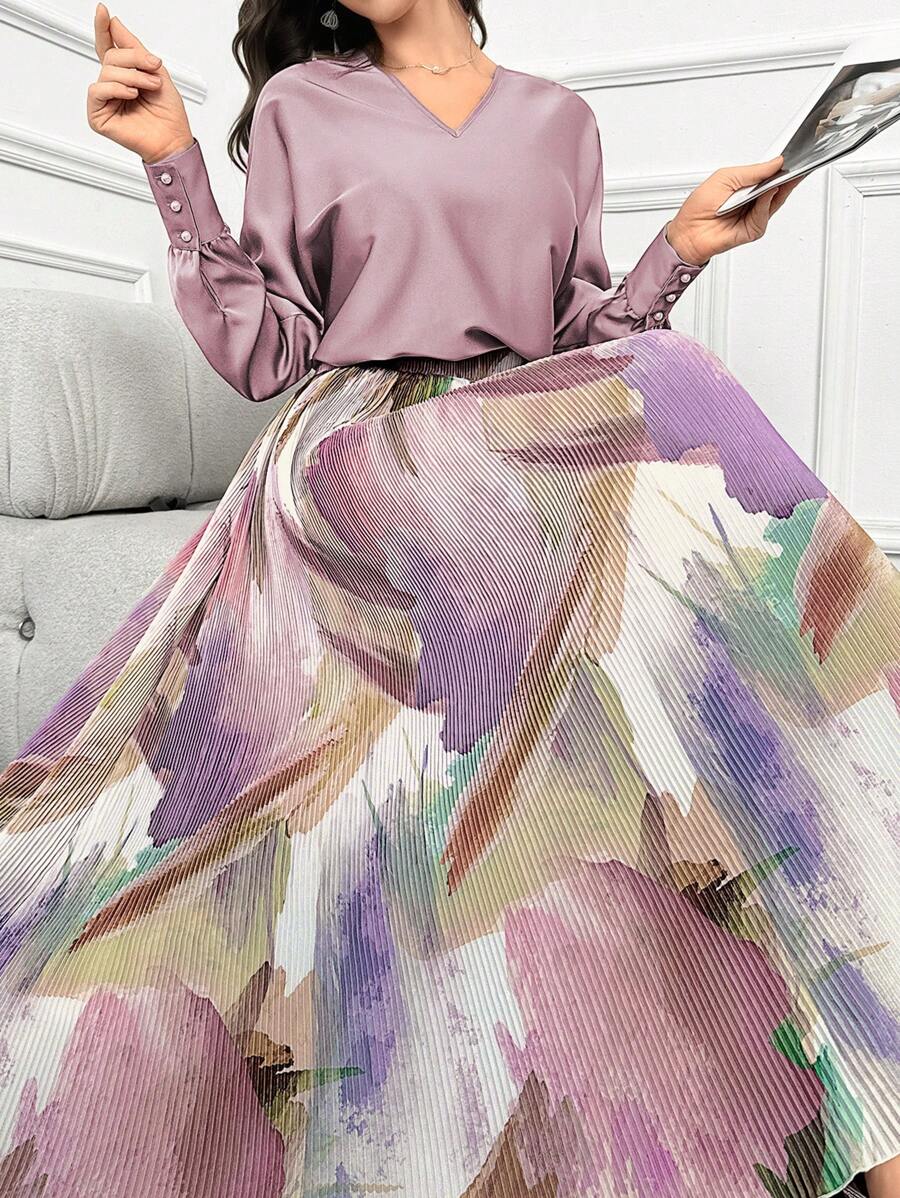 Modelyn 2 chiếc áo dài tay có cổ chữ V màu trơn và bộ váy in họa tiết toàn thân dành cho nữ - Nhiều màu - Xem 1