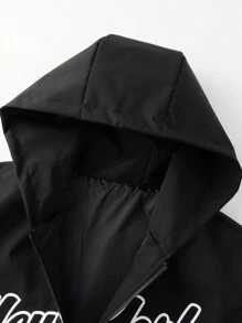 Manfinity EMRG Men's Casual Letter Printed Hooded Jacket, Spring And Autumn, Going Out Hooded Black Friends Long Sleeve Light Jacket, For Friends, Husband, Boyfriend Gifts